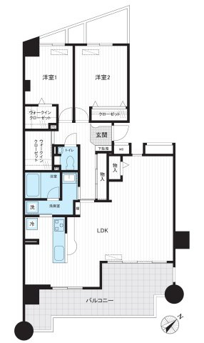 エステ・スクエア武蔵藤沢の間取り|12階建て5階部分、明るい陽光が差し込む南東向き2LDKの間取りです。