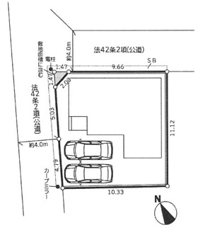 【区画図】 | 緑区上九沢  1号棟 12期 | 角地　北西側約4.0ｍ・北東側約4.0ｍ各公道（各セットバック持分有）　駐車並列2台（車種によります）　敷地面積36.3坪（隅切り部分含む）