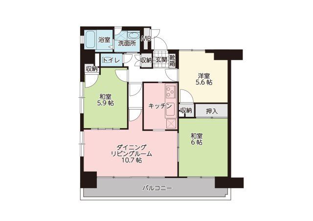 【間取り】 | ネオハイツ東山形 | ３ＬＤＫ、価格７５０万円、専有面積６６．８７㎡、バルコニー面積１２．６㎡