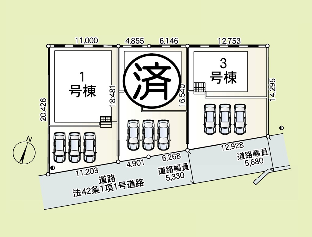 新築　前橋市粕川町新屋第2　3号棟　Cradle Gardenの区画図|全3区画の2号棟です。土地約59坪。