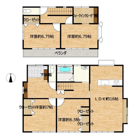 いわき市石森一丁目中古住宅 陽当たり良好！4LDK　不動産プラスの間取り|４LDKの間取りです。1階に居室が2ヶ所あります。整理整頓しやすい全居室収納付き。このオウチで家族との大切な思い出を作っていきませんか。