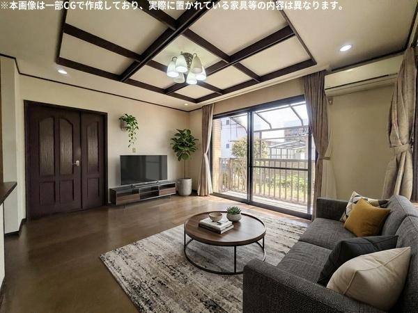 新明治5丁目　戸建の居間・リビング|※本画像はCGで作成しており、実際に現地に家具は置かれておりません。また、価格に家具は含まれておりません。画像と現状が異なる場合は現状を優先します。