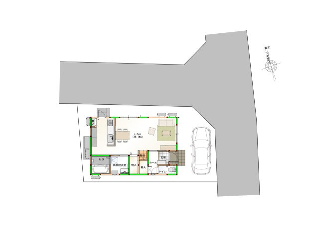 オール電化デザイナーズハウス高松市伏石町建売②の居間・リビング|家族団欒の場所としてゆったりと居心地の良いリビングです。