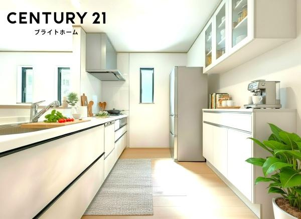 横浜市旭区中沢３丁目の新築一戸建のキッチン|広々としたキッチンは、
落ち着いて料理が出来ます！
※家具等はＣＧでの参考レイアウトです。