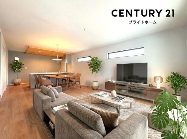 横浜市金沢区富岡西１丁目の新築一戸建の居間・リビング|自慢したくなるリビング！
形も良く家具の配置にも困りません。
※家具等はＣＧでの参考レイアウトです。