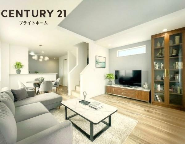 横浜市金沢区釜利谷東１丁目の新築一戸建の居間・リビング|自慢したくなるリビング！
形も良く家具の配置にも困りません。
※家具等はＣＧでの参考レイアウトです。