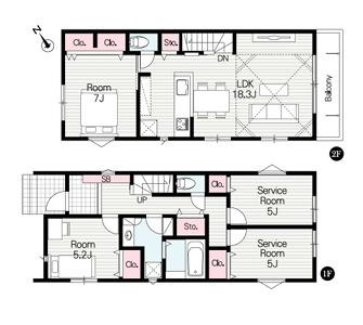 藤沢市辻堂６丁目　新築戸建　全３棟の間取り|南東向き　２LDK＋２S