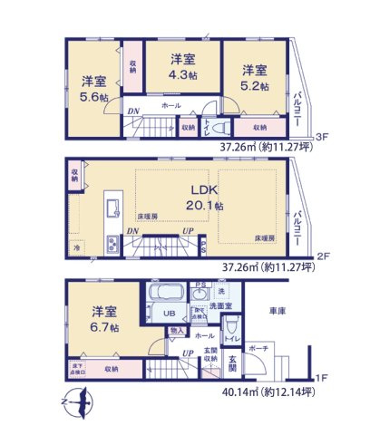 福岡市西区小戸3丁目第7-3棟（3号棟）　の間取り|全居室収納付きで便利です。