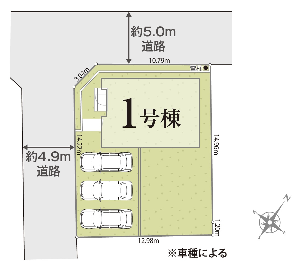 狭山市北入曽・全1棟　新築一戸建　～北西・南西角地～の区画図|カースペース並列3台可能。