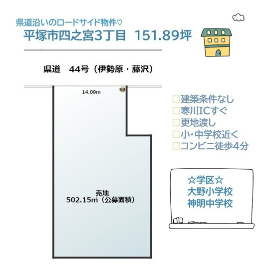 【土地図】 | 銀河大橋沿いの広い土地で、お車移動に便利な「建築条件なし」　
圧巻の151.89坪！寒川南ICすぐ！
小・中学校近く、コンビニ（徒歩４分）暮らしやすさもお墨付きですよ♪