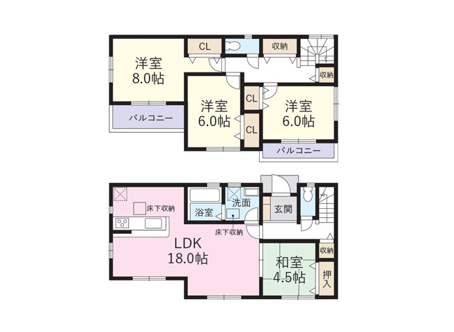 【間取り】 | 志木市上宗岡3丁目　中古一戸建住宅　(志木本店) | ファミリーに嬉しい4LDKのゆとりある住空間。
2階は全室6帖以上の大型4LDKです。