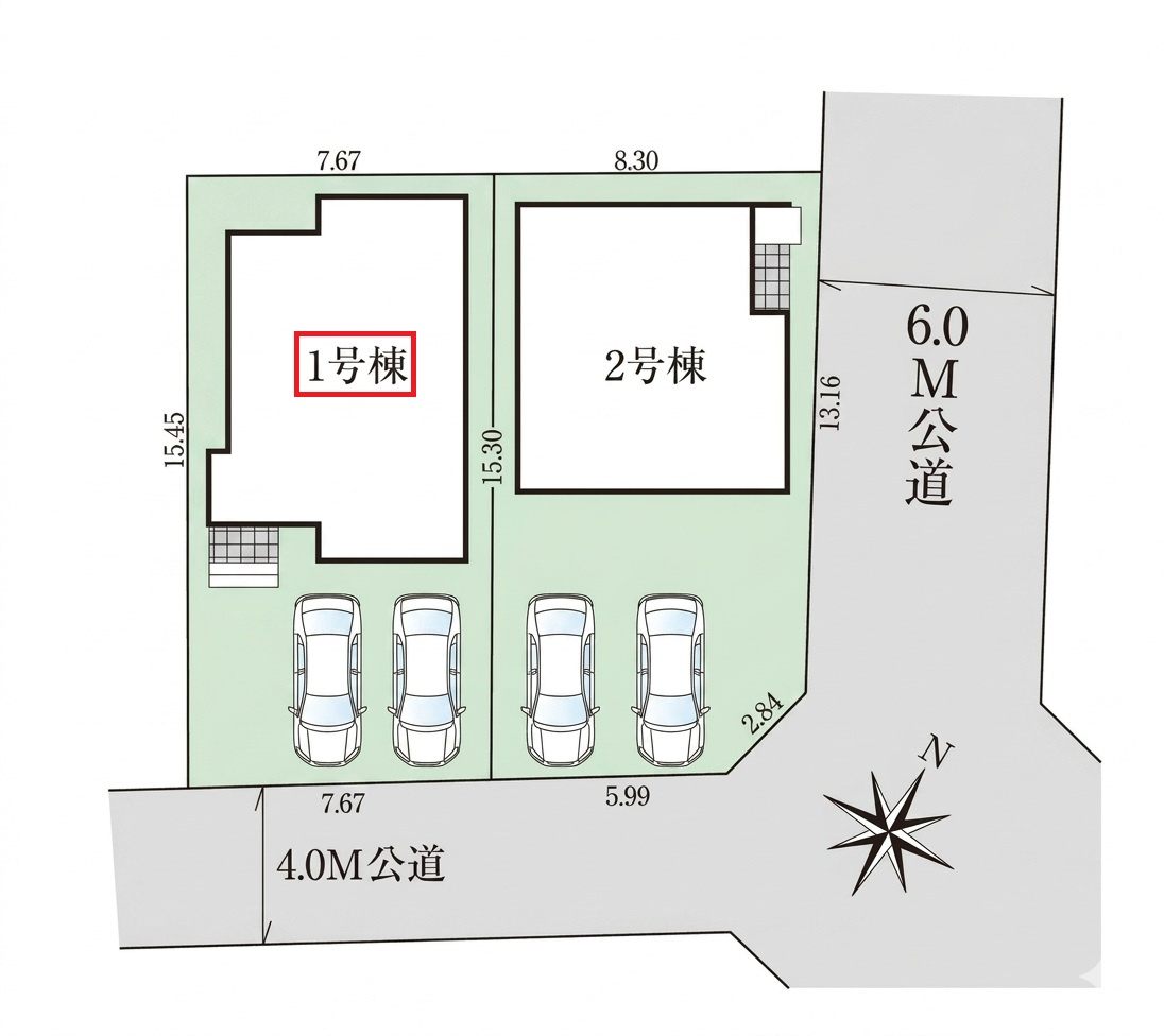 狭山市水野・全2棟　新築一戸建　1号棟　～並列駐車2台可～の区画図|【全2棟・1号棟】
南東道路に面し日当たり良好、並列駐車2台可能です。
