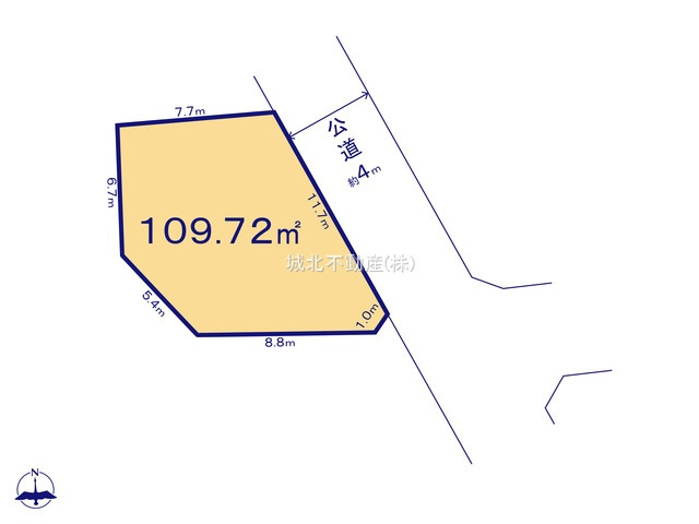 練馬区大泉学園町1丁目 限定1区画の土地図|土地面積109.72㎡ 前面道路東側約4.0ｍ公道に面する立地