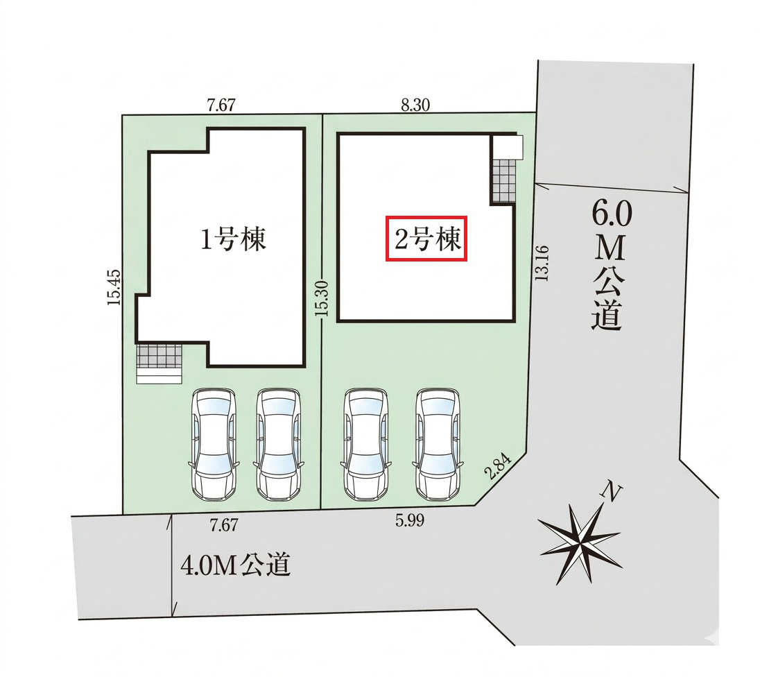 狭山市水野・全2棟　新築一戸建　2号棟　～北東・南東角地～の区画図|【全2棟・2号棟】
日当たり・通風良好な北東・南東角地、並列駐車2台可能です。