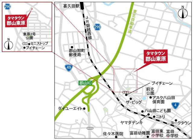 新築戸建・新築建売　郡山市東原　富田東小・富田中の地図|現地案内図