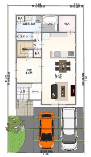 各務原市那加日吉町の区画図|マイホームは、子供の人間形成、夫婦のあり方、家族の絆に多大な影響を与えます。家族構成の変化に対応できる、多様性と快適性を、楽しく、個性的に、表現したい、と考えて設計した住まいです。