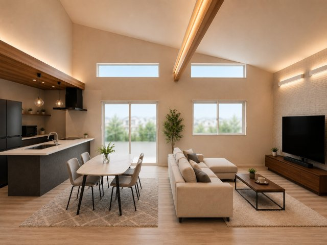 高岡町 平屋の居間・リビング|（参考）家具を置いた場合のＡＩイメージ画像です。※ダイニングテーブルセットは実際に設置しています。