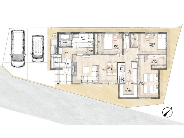 高岡町 平屋の間取り|当社はこの住宅を単なる「建売」として設計・施工しておりません。お客様に「これが建売？」と感動して頂ける、自分達が住みたいと思える注文品質の平屋を作りたい、との想いで施工したのがこの「限定１棟」です。