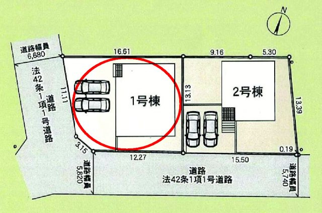 クレイドルガーデン高崎市足門町第9　1号棟（平屋）の区画図|駐車場２台ご用意しています！
並列駐車なので、車の出し入れもしやすいですよ！