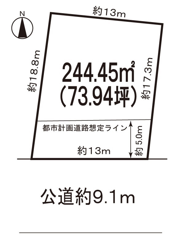 小牧市小牧５丁目　売地の土地図|敷地広々！73.94坪・間口13ｍ。
南面道路・陽当たり良好。