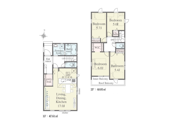 【間取り】 | 志木市本町2丁目　新築一戸建住宅　全5棟　(志木本店) | 玄関ホールとLDKから行き来できるウォークスルークローゼットのある邸宅。
エアコンの冷暖気を室外に逃がさない独立型のLDKは省エネにもつながります。