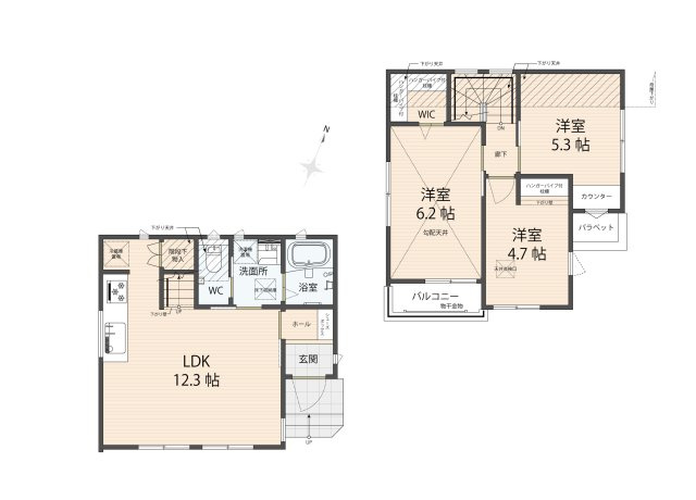 【間取り】 | 新座市石神4丁目　新築一戸建住宅　全1棟　(保谷店) | リビングを通って2階に上がる構造なので、ご家族間の会話が自然と増えそう。主寝室には便利なWICが付き、衣類をスッキリと収納可能です。※図面を基に作成しています。現況と異なる場合は現況を優先いたします。