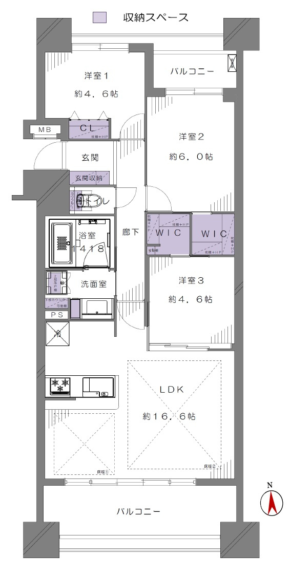西台パーク・ホームズの間取り|西台パーク・ホームズ：南向き！全居室収納付き３ＬＤＫリノベーション物件は住設備も充実！