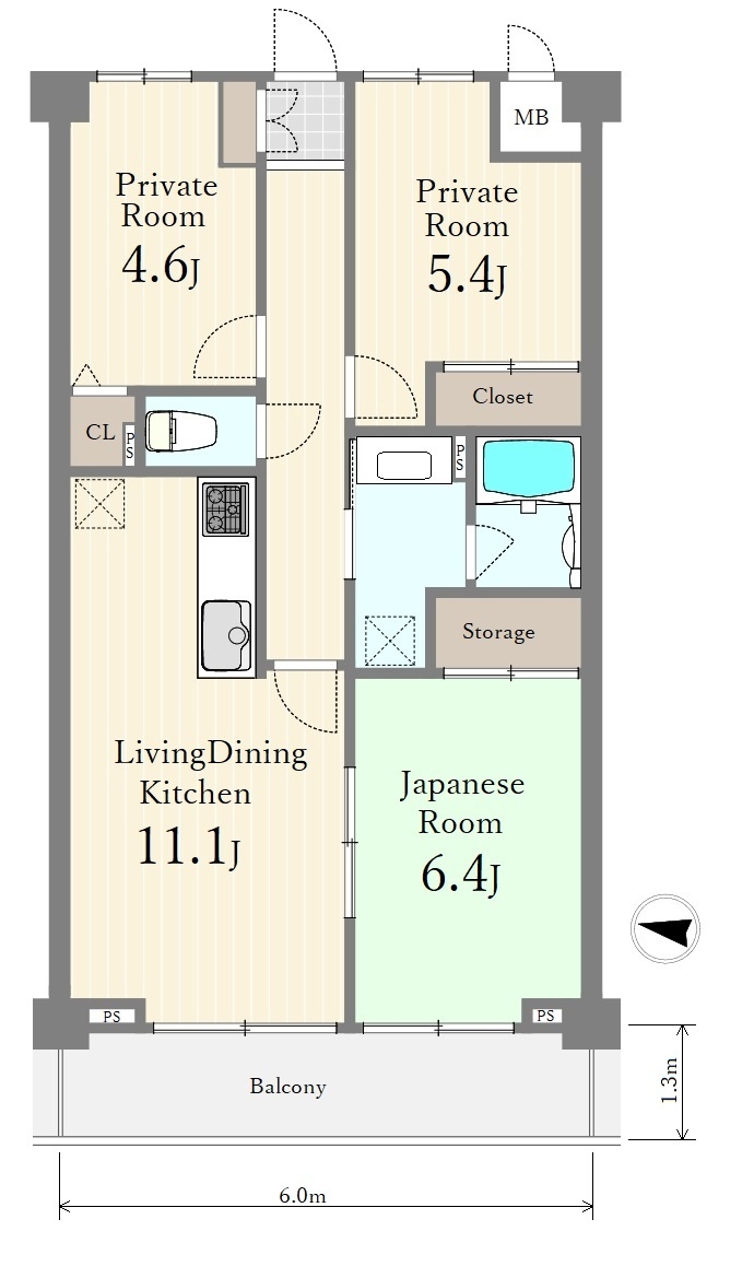 シーズリカルド平和台の間取り|日照時間が長く明るく快適な西向き住戸
4階住戸につき眺望通風良好です♪

