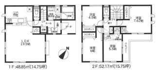 【間取り】 | 南区大野台2丁目  1号棟 2期 | 4LDK　都市ガス　網戸標準仕様　シャッター3箇所付　室内物干し　屋根洋瓦葺き　二部屋から行き来できるバルコニー　食洗器・浄水器　浴室乾燥機+窓・浴室TV　セカンド洗面　屋根裏収納　LDK19.5帖