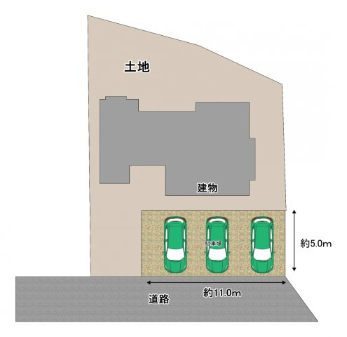 いわき市明治団地 中古住宅　陽当たり良好！ 4LDK 不動産プラスの区画図|区画図です。駐車場拡張工事と庭木伐採を行います。駐車場は並列3台可能となります。また庭木を伐採するので雰囲気がガラッと変わる予定です。