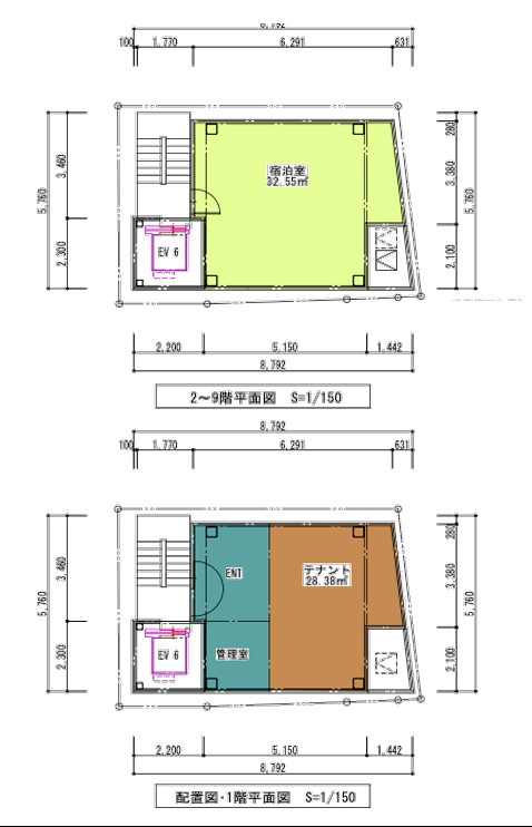台東区東浅草１丁目売地の参考プラン|1階テナント・2～9階宿泊室プラン