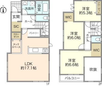 3LDK＋DEN（ヌックスペース）リビングは吹き抜けになっており解放感がございます。また2階居室にはウォークインクローゼットが2つあり収納豊富！