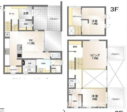 藤沢市大庭　中古戸建の間取り|２面バルコニー　２LDK