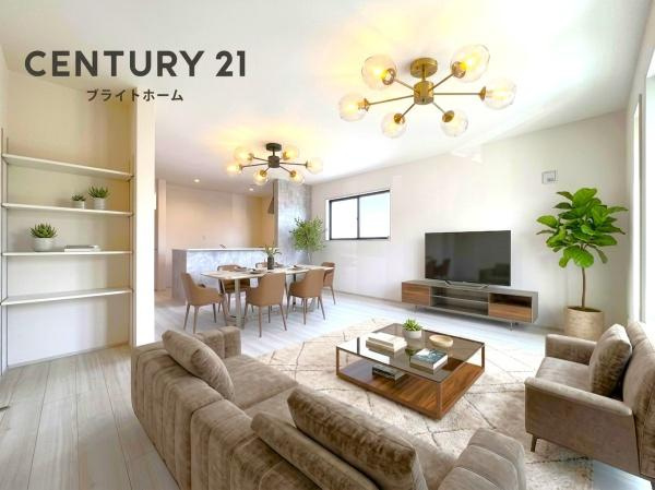 横浜市磯子区洋光台１丁目の新築一戸建の居間・リビング|家族が自然と集まるリビングは
落ち着きのある空間です♪
※家具等はCGでの参考レイアウトです