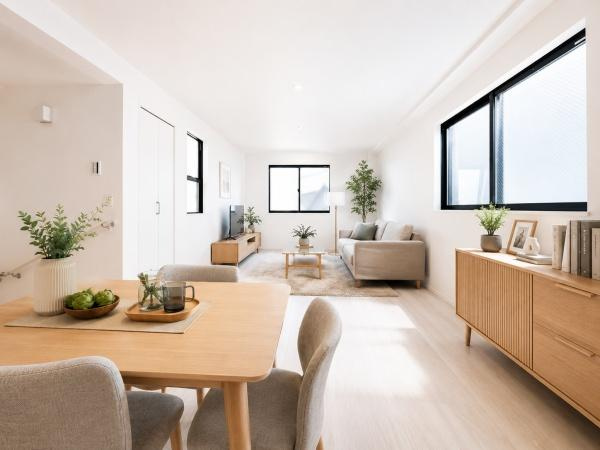 横浜市中区本牧間門の新築一戸建の居間・リビング|自慢したくなるリビング！
形も良く家具の配置にも困りません。
※家具等はＣＧでの参考レイアウトです。