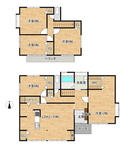 いわき市明治団地 中古住宅陽当たり良好！ 5LDK 不動産プラスの間取り|リフォーム完成間取りです。5LDKの間取りの住宅です。和室は洋室に全て変更します。約21帖の広々リビングに5つの居室があるので幅広い方にお勧めの住宅です。もちろん陽当たり良好です！