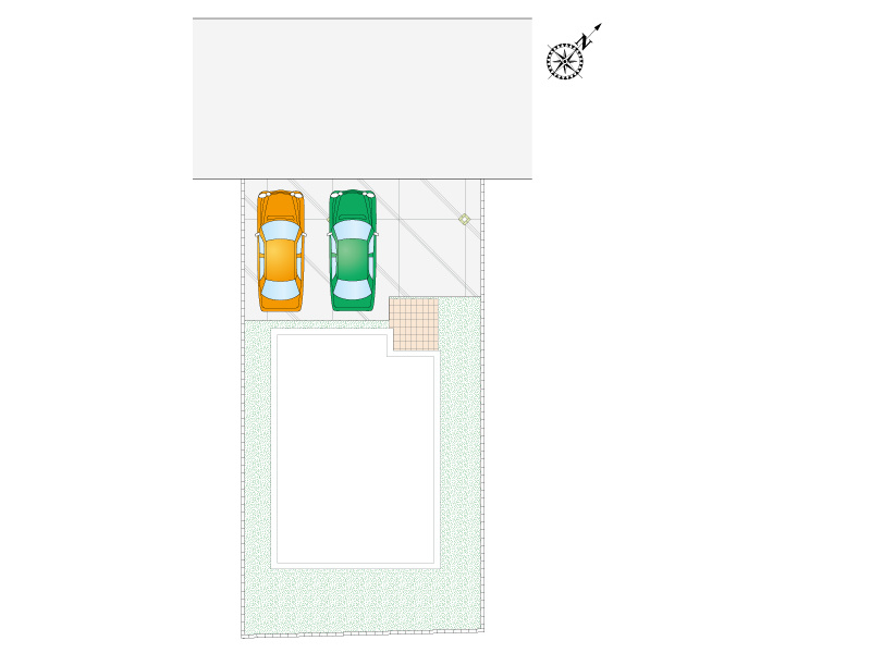 【 配置図】前面道路は幅6メートルと余裕の広さ。カースペースは3台駐車可能です。（車種によります。）