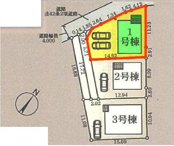 新築　高崎市新町第12　クレイドルガーデン　１号棟の区画図|1号棟　区画図　北西側接道幅員約4ｍ
