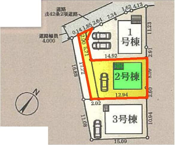 新築　高崎市新町第12　クレイドルガーデン　2号棟の区画図|2号棟　区画図　北西側接道幅員約4ｍ
