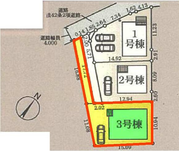 新築　高崎市新町第12　クレイドルガーデン　3号棟の区画図|3号棟　区画図　北西側接道幅員約4ｍ
