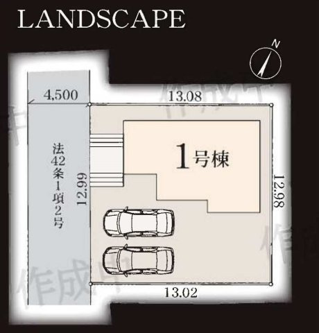 “前に何も建たない価値”川×緑地の抜け感｜敷地51坪×並列2台のゆとりある暮らし★仲介手数料無料★の区画図|敷地面積約169㎡のゆとりある区画。カースペース2台分を確保しつつ、建物とのバランスも良好。整形地に近い配置で、動線や使い勝手にも配慮された計画です。