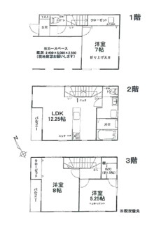 【間取り】 | 海老名市上郷1丁目 中古戸建 | 西向き　３階建て　3LDK　２階LDK　全居室２面採光　WIC　全居室南側主採光