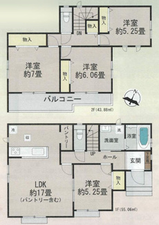 【間取り】 | 中央区水郷田名3丁目  A号棟 | 4LDK　集中プロパンガス　掃き出し窓シャッター付　二部屋から行き来できるバルコニー　浴室乾燥機+窓　全居室収納　LDK17帖+洋室5.2帖