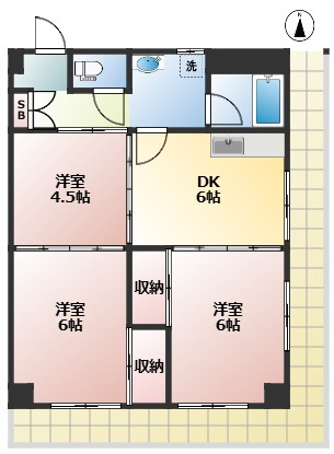 ヴィラ金谷　1フロア2住戸　L字型バルコニー　の間取り