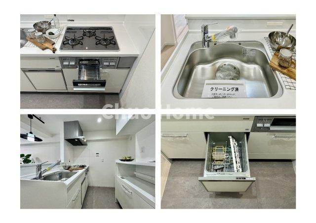MAC柴又コートのキッチン|【システムキッチン】ワイドで収納豊富な使い勝手の良いカウンターキッチンには、食洗器・伸縮タイプのキッチン水栓、三ツ口コンロ・魚焼きグリルなどの便利な設備が標準完備されています。