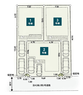 【区画図】 | 南区相南1丁目  1号棟 第12 | ※2号棟成約済　1号棟　旗竿地（間口約2.7ｍ）　南東側約4.0ｍ公道　駐車2台（車種によります）　敷地面積30.3坪（路地状部分敷地含む）　※協定地有