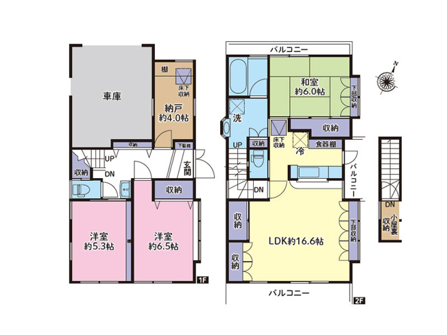【間取り】 | ふじみ野市中丸2丁目　中古一戸建住宅　(ふじみ野店) | 水回り集中設計につき家事効率良好！3つのバルコニーで開放的・豊富な収納スペース付き！※図面を基に作成しています。現況と異なる場合は現況を優先いたします。