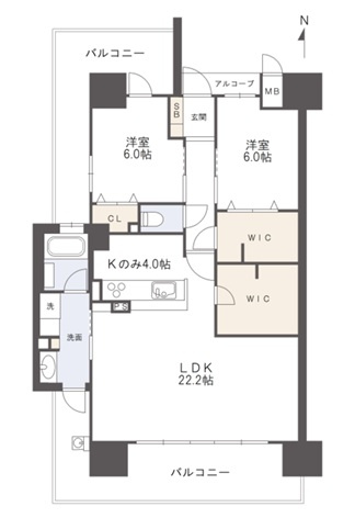 アルファステイツ高知駅前Ⅱの間取り|ＬＤＫ約２２．２帖、洋室約６帖×２部屋、２ＷＩＣの間取です。３ＬＤＫから２ＬＤＫに間取り変更済み。