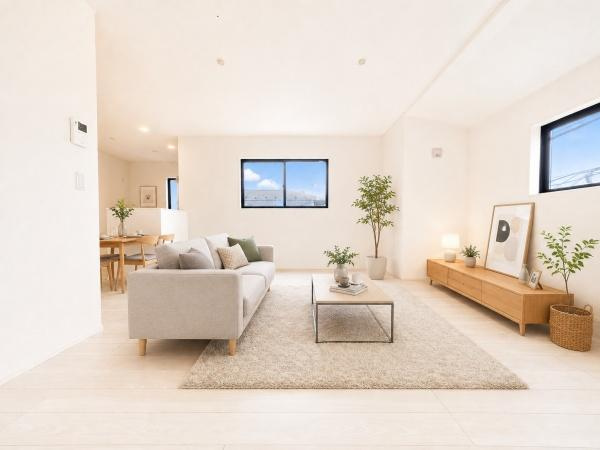 横浜市南区庚台の新築一戸建の居間・リビング|窓からは明るい光が差し込みます！
電気をつけなくても明るいです。
※家具等はＣＧでの参考レイアウトです。