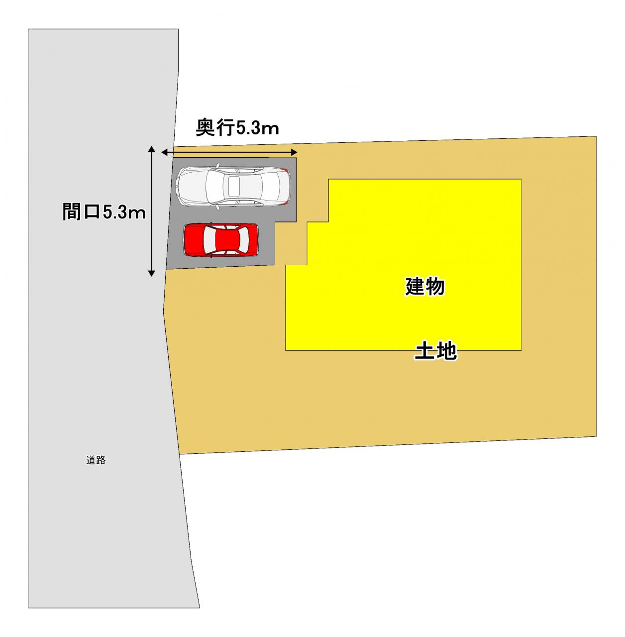 いわき市金山町南台 中古住宅　陽当たり良好！ 4LDK収納たっぷり　不動産プラスの区画図|区画図になります。図面ようにお車が並列で２台停めることができます。全面道路も幅員が6ｍ以上ありますので駐車が苦手な方でも簡単に駐車できますね。
